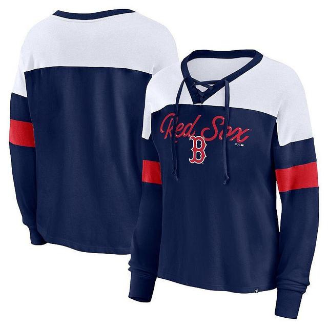 Womens Fanatics Branded /White Boston Red Sox Even Match Lace-Up Long Sleeve V-Neck T-Shirt Blue Product Image