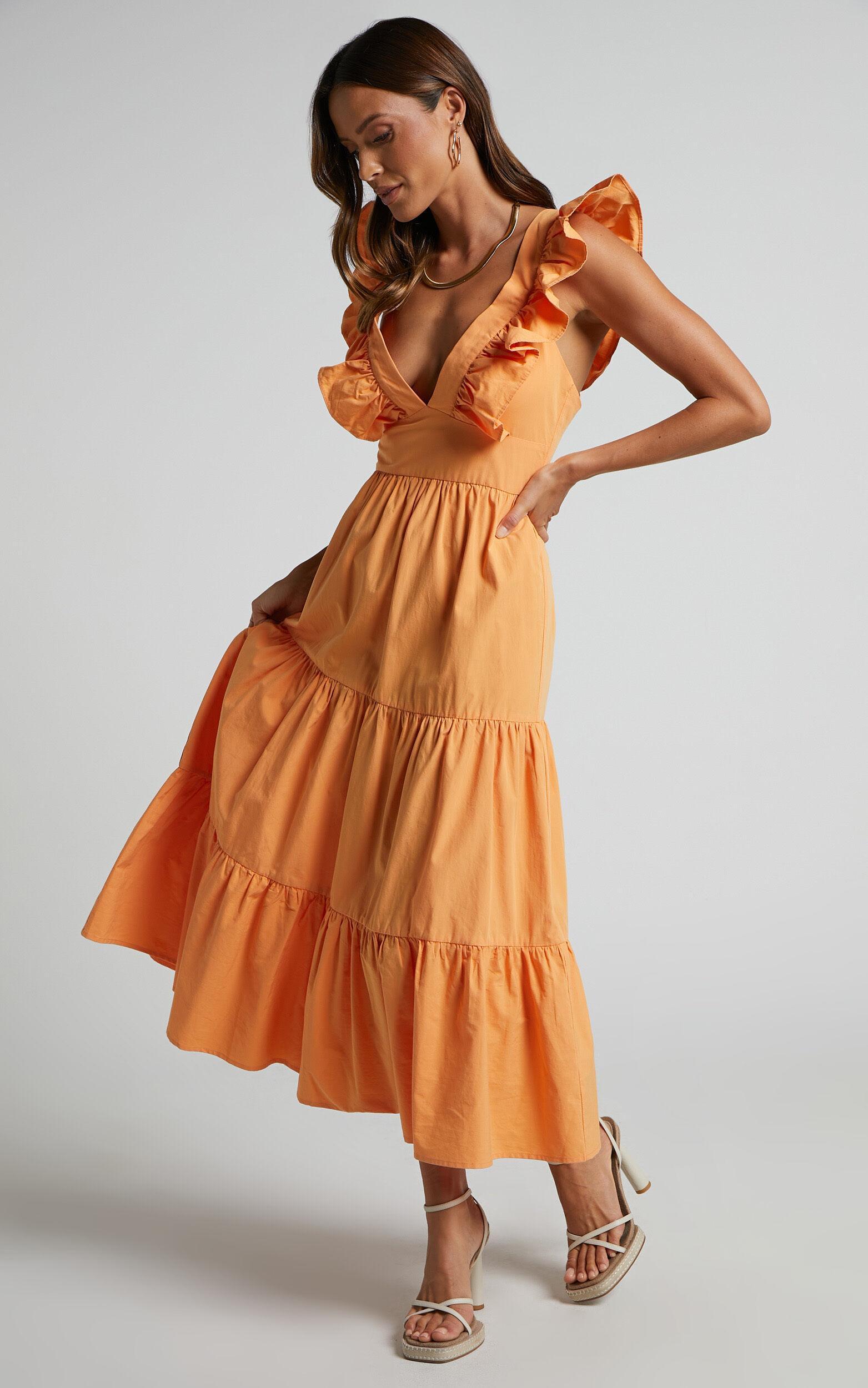 Levona Midi Dress - Ruffle Shoulder Tiered Dress in Orange Product Image