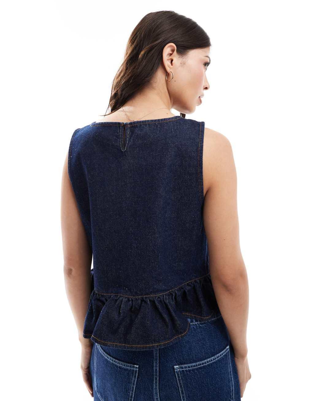 ASOS DESIGN denim frill hem top in indigo Product Image