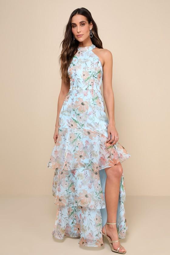 Forever Exceptional Light Blue Floral Halter Organza Maxi Dress product image