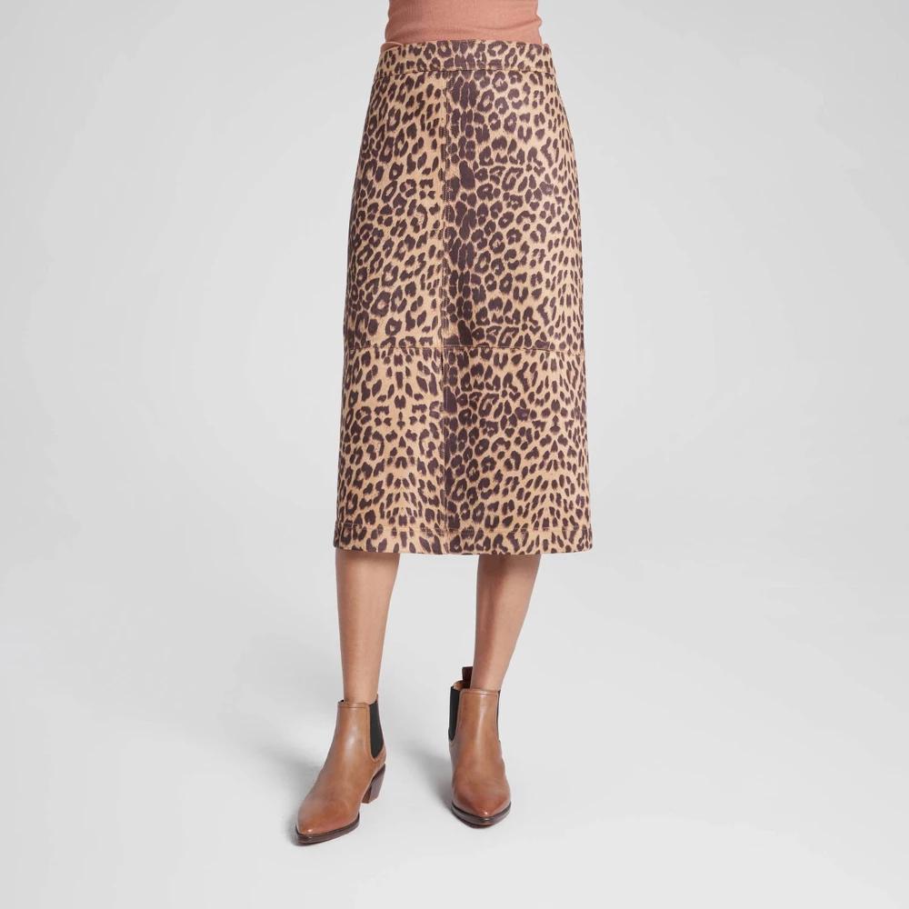 Womens Faux Suede Midi A-Line Skirt - A New Day Brown Leopard Print XXL Product Image