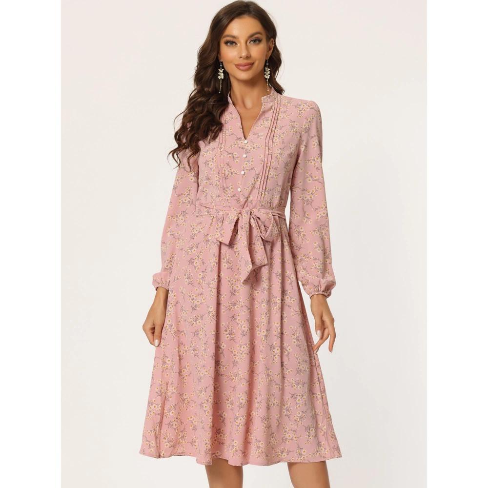 Allegra K Women's Floral Print Long Sleeve Back Tie Flowy Midi Boho Dress Pink Small Product Image