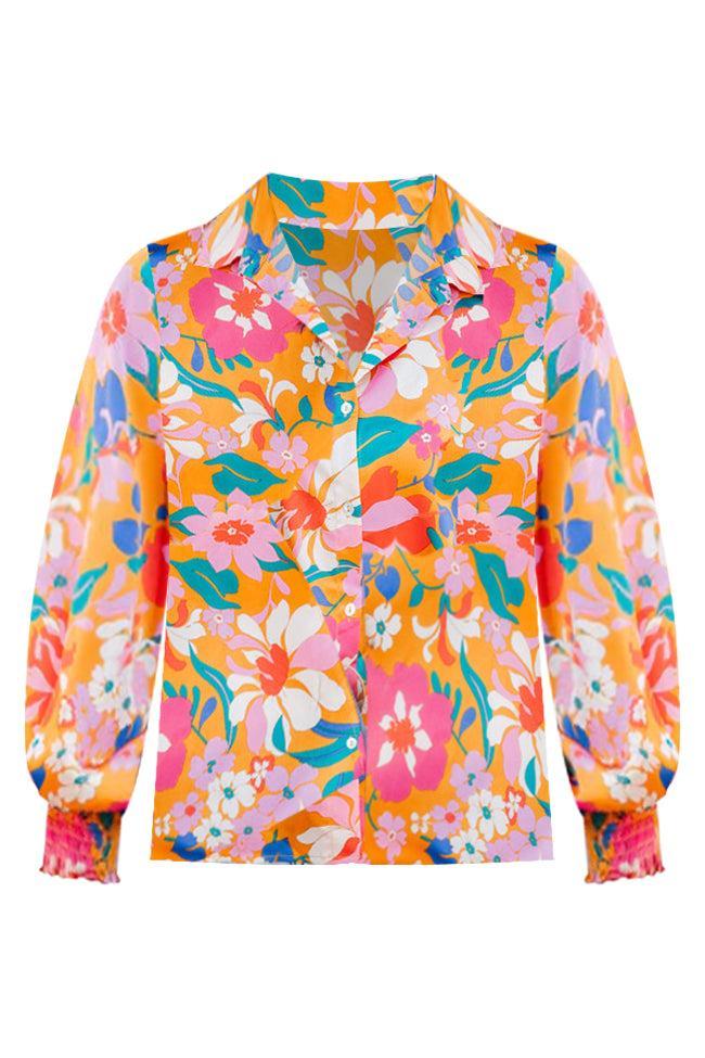 I've Been Waiting Orange Floral Satin Button Front Blouse FINAL SALE Product Image