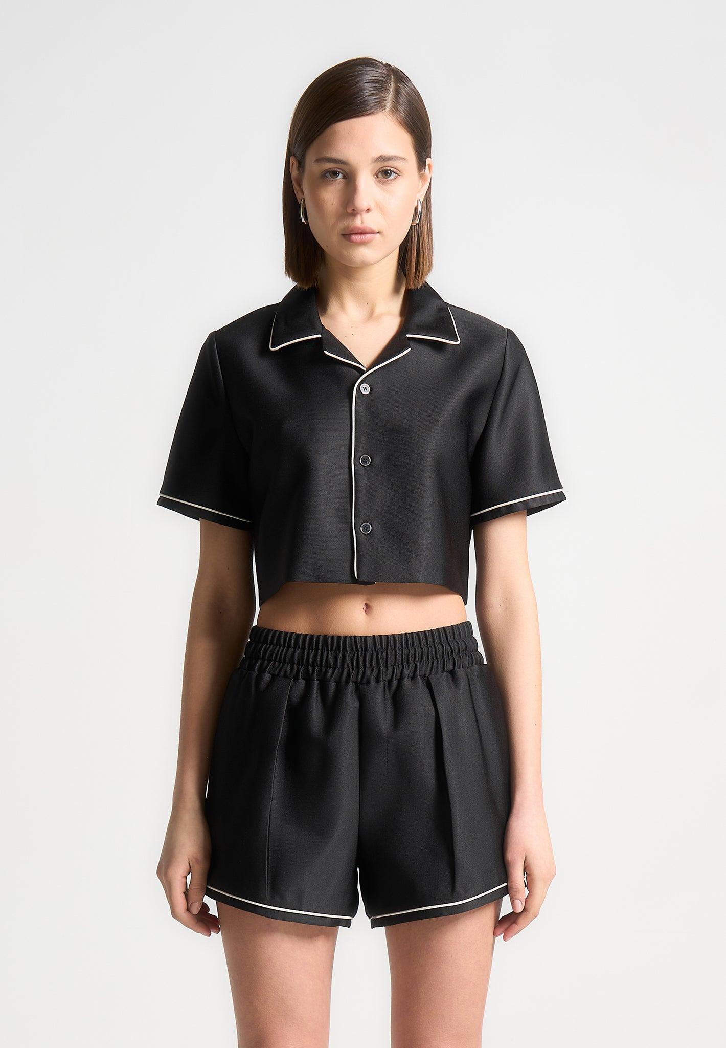 Satin Cropped Shirt with Piping - Black Female Product Image