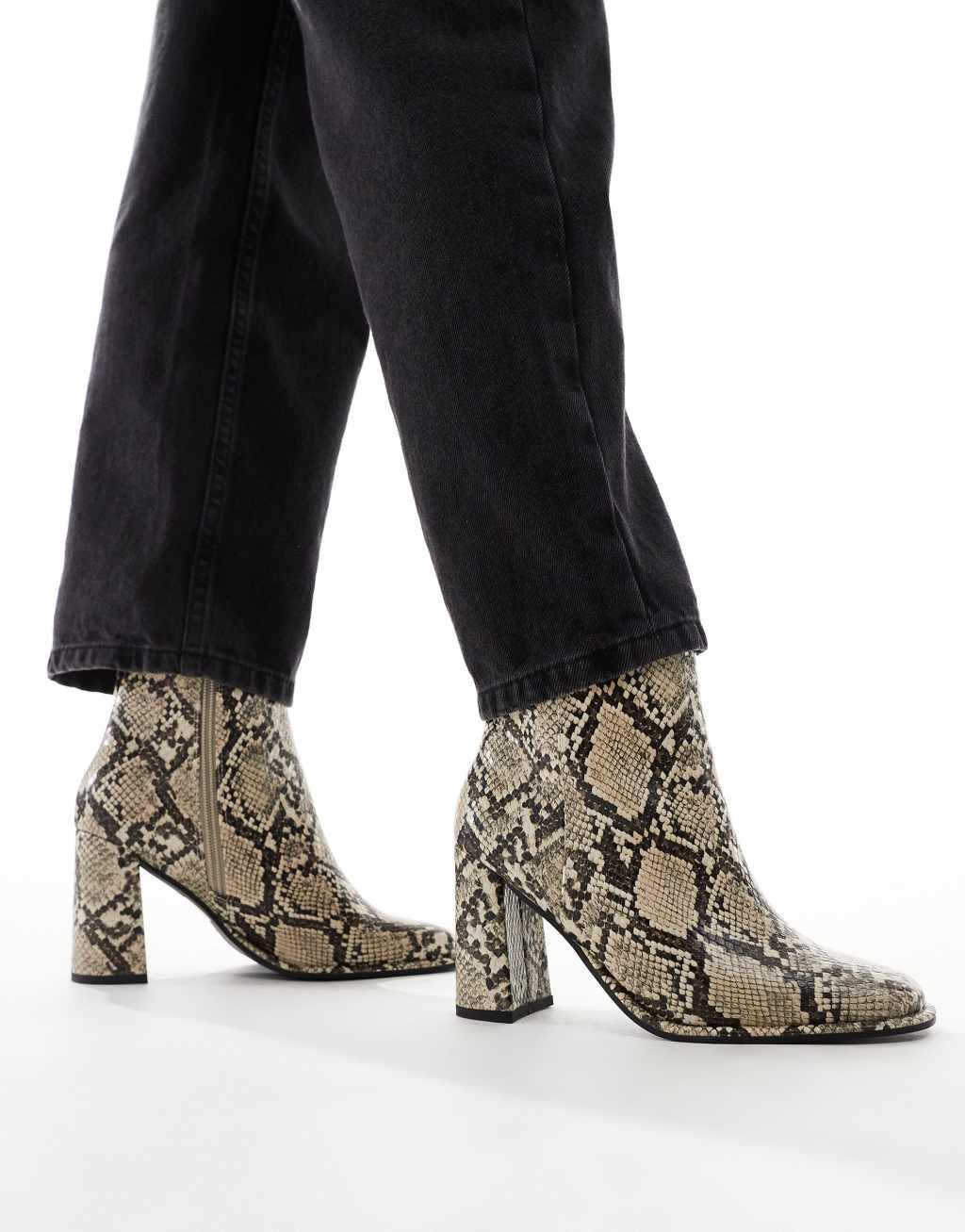 London Rebel Maddie block heel ankle boots in snake  Product Image