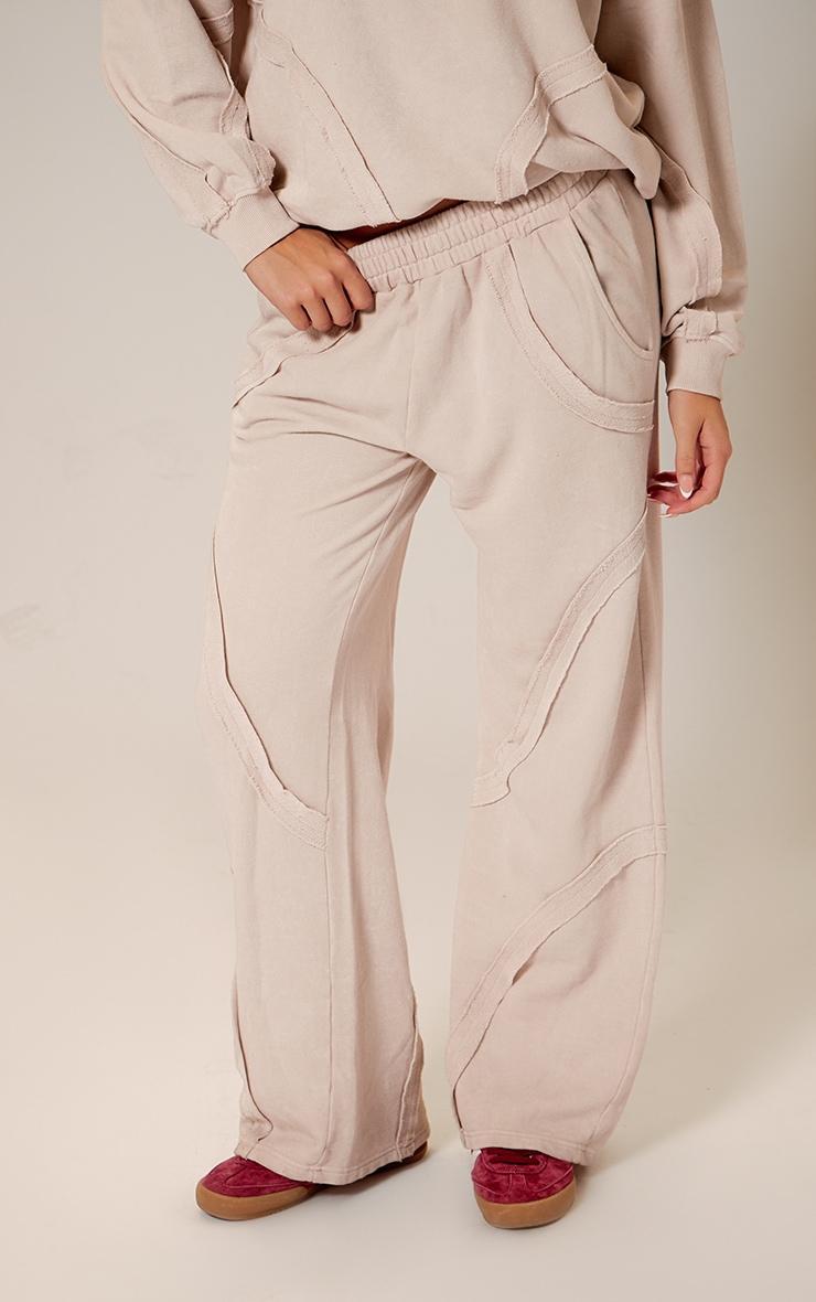 Cream Washed Distressed Seam Wide Leg Sweatpants Product Image