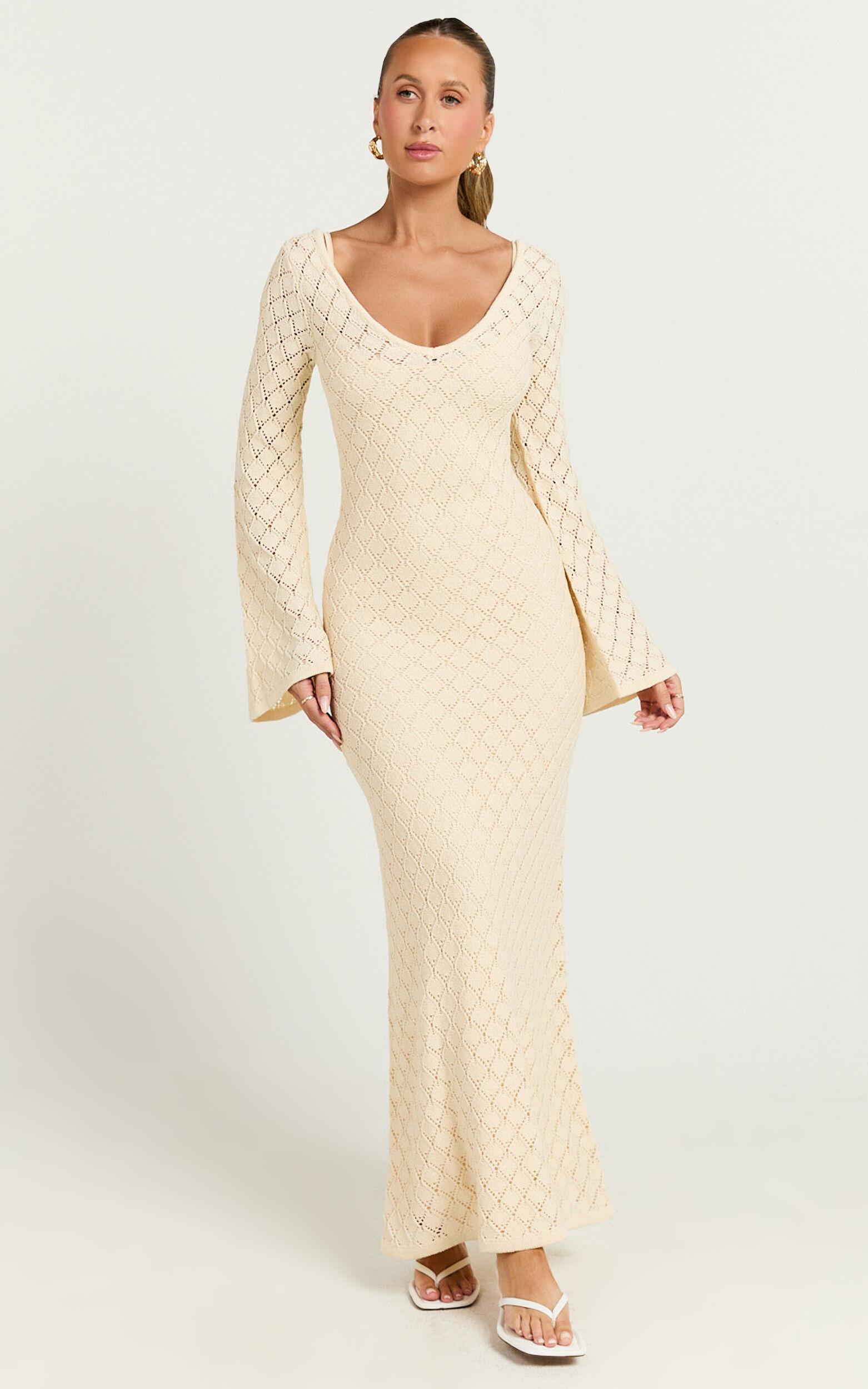 Halsey Maxi Dress - Crochet Scoop Neck Flare Sleeve Dress in Off White Product Image