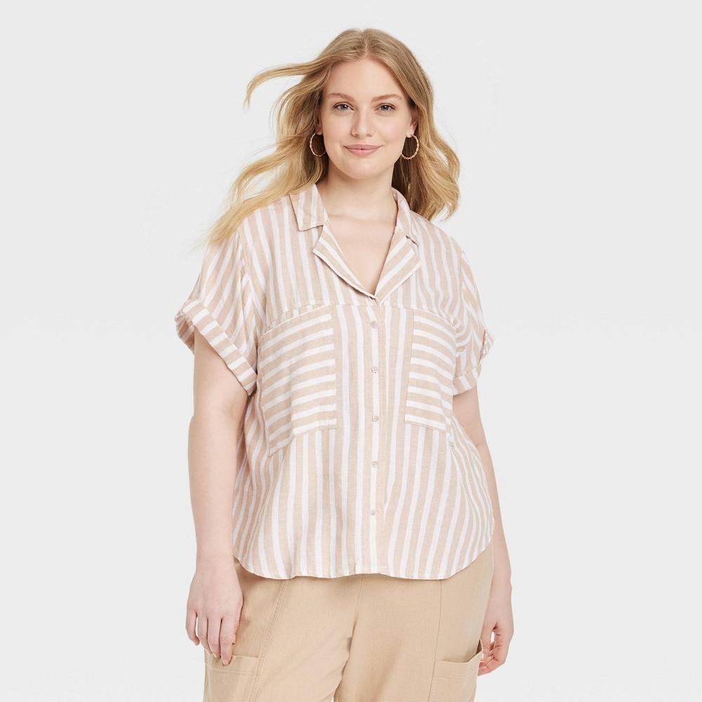 Womens Short Sleeve Collared Button-Down Shirt - Universal Thread Tan Striped 2X Product Image