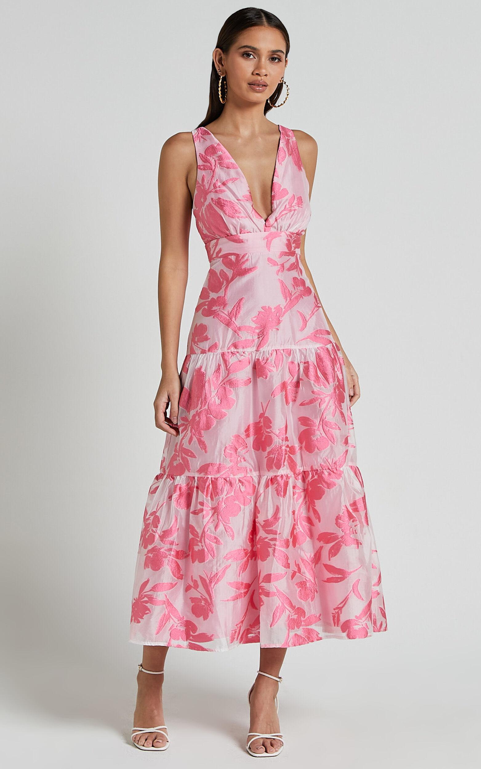 Reba Midi Dress - V Neck Tiered Jacquard Dress in Pink Product Image