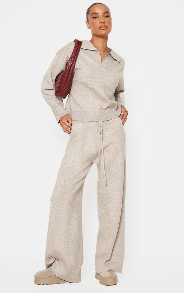 Taupe Knitted Polo Neck Sweater And Wide Leg Pants Set Product Image