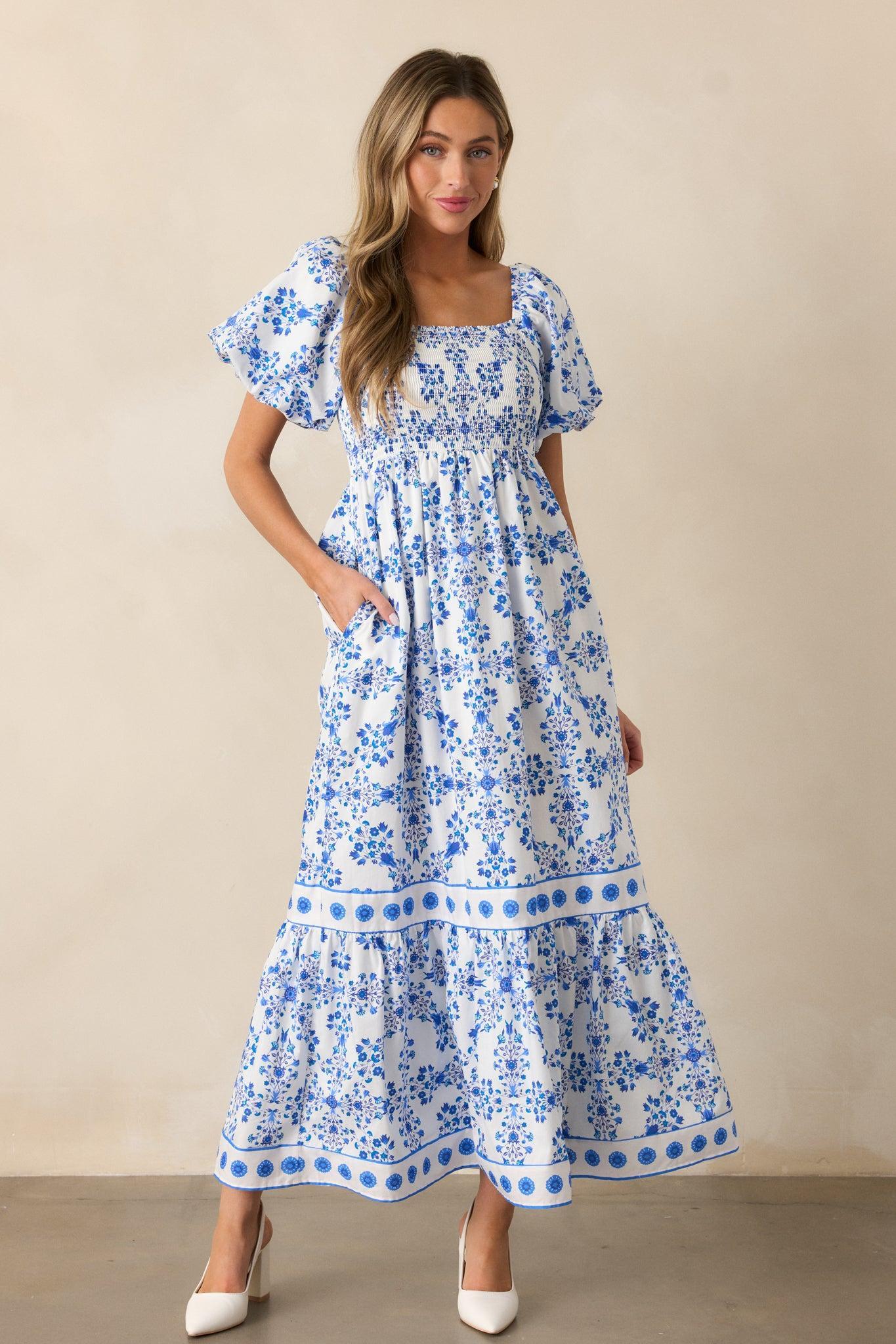 Rosewater Skies Cotton Royal Blue Floral Maxi Dress Product Image