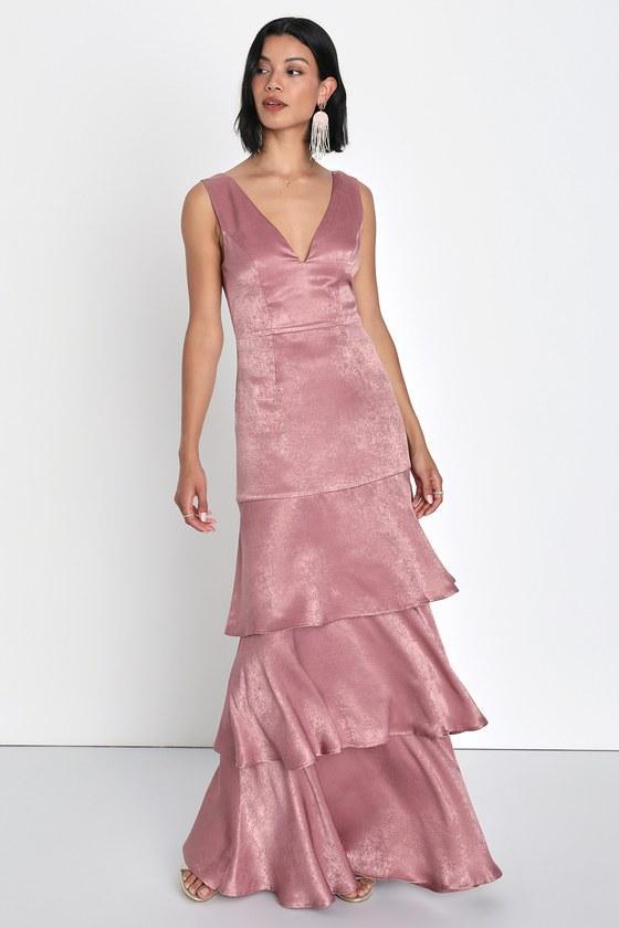 Exclusive Elegance Mauve Satin Tiered Maxi Dress Product Image