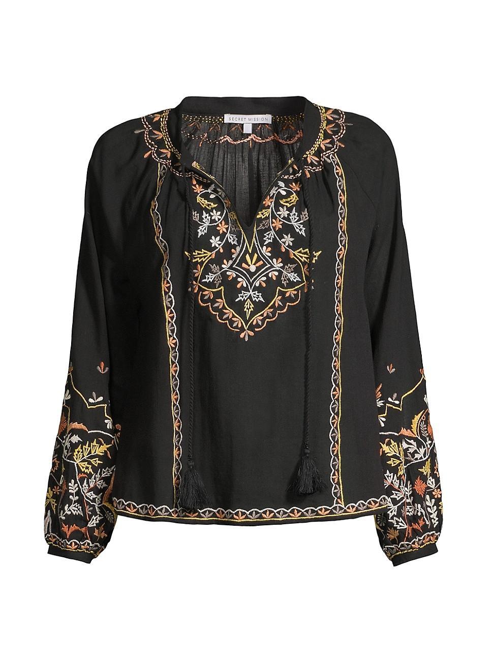 Womens Clover Embroidered Split-Neck Top Product Image