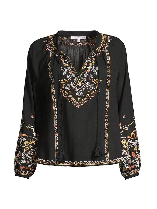 Womens Clover Embroidered Split-Neck Top Product Image