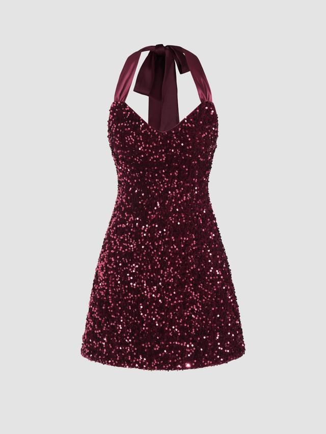 Sequin V-neck Halter Mini Dress Product Image