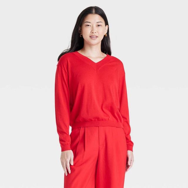 Womens Fine Gauge V-Neck Pullover Sweater - A New Day Red Product Image