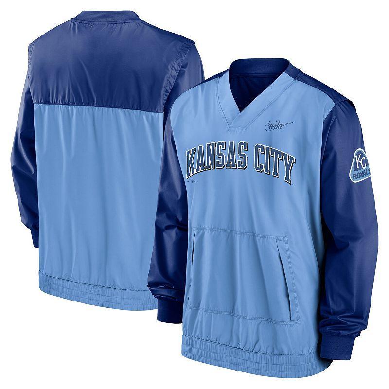 NIKE Men's  Light Blue And Royal Kansas City Royals Cooperstown Collection V-neck Pullover Jacket In Light Blue,royal Product Image