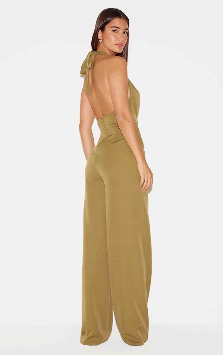 Khaki Woven Halter Neck Hook And Eye Detail Wide Leg Jumpsuit Product Image