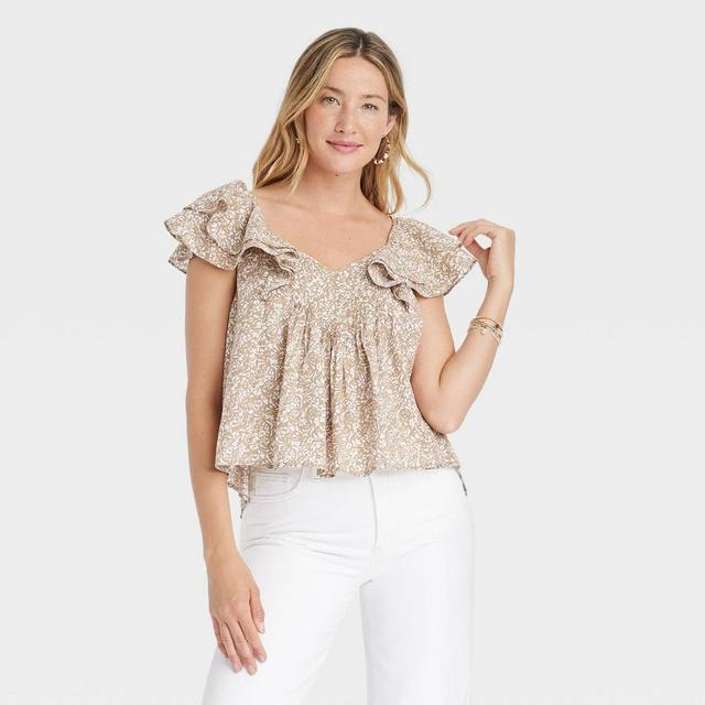 Womens Ruffle Short Sleeve Blouse - Universal Thread Tan/White Floral L Product Image