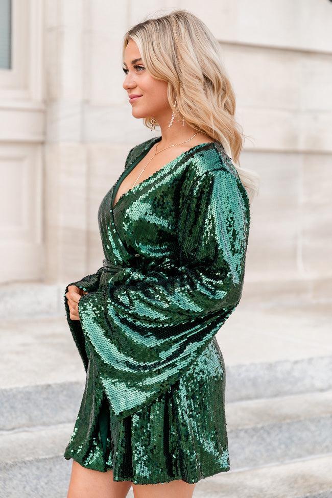 All For You Green Long Sleeve Wrap Sequin Dress FINAL SALE Product Image