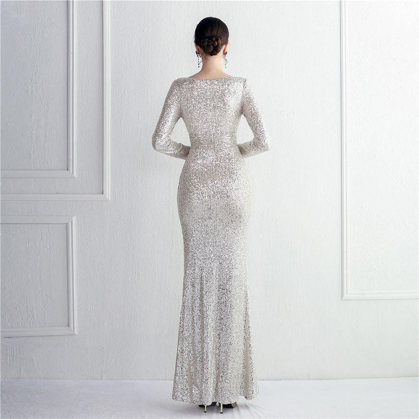 Long-Sleeve Deep Plunge Sequin Panel Mesh Slit Mermaid Evening Gown Product Image