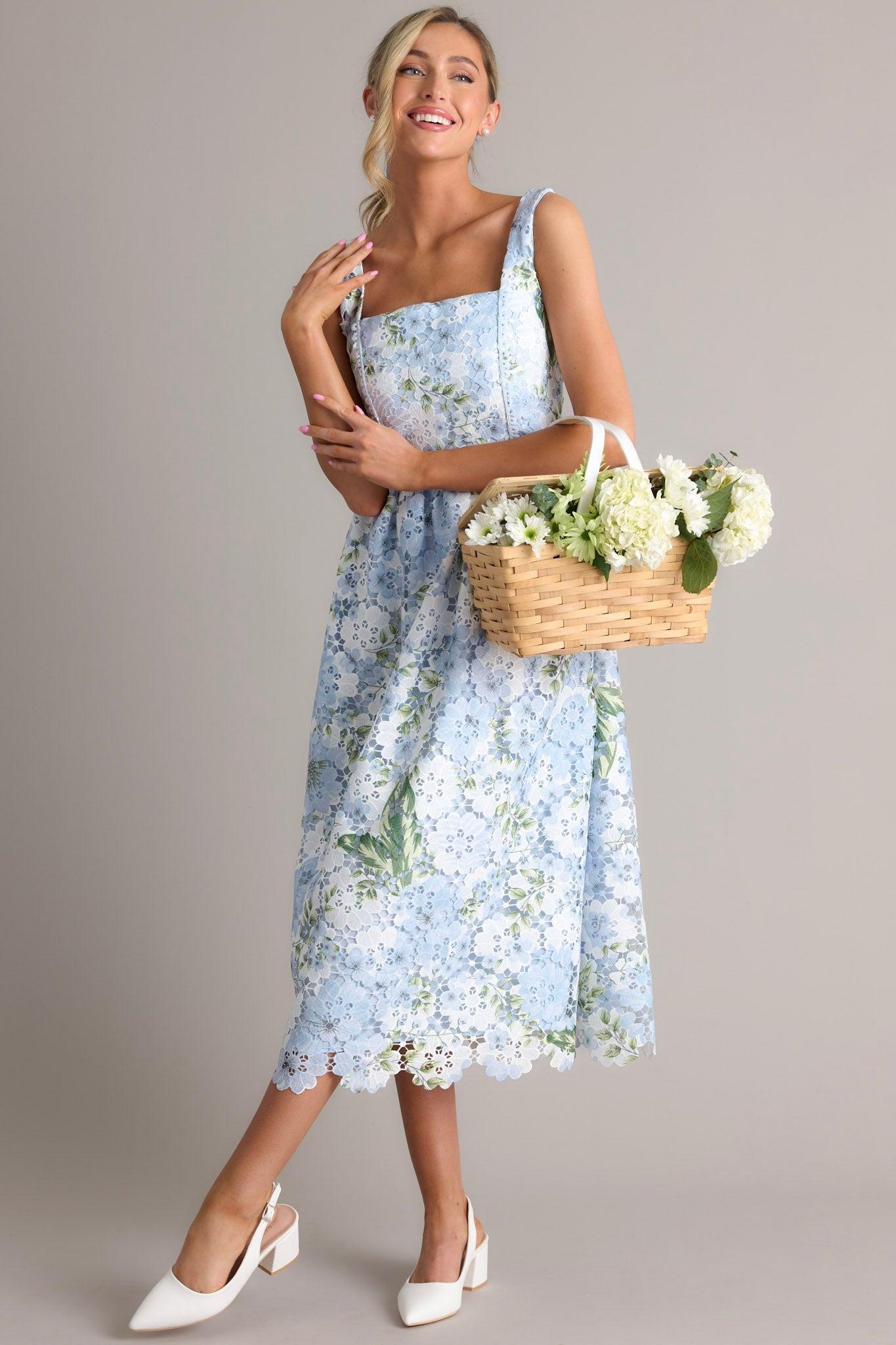 Finding My Peace Sky Blue Floral Embroidered Midi Dress Product Image