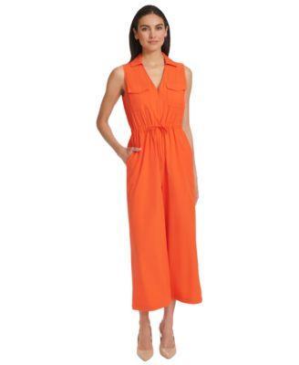 Calvin Klein Womens Collared V-Neck Straight-Leg Jumpsuit Product Image