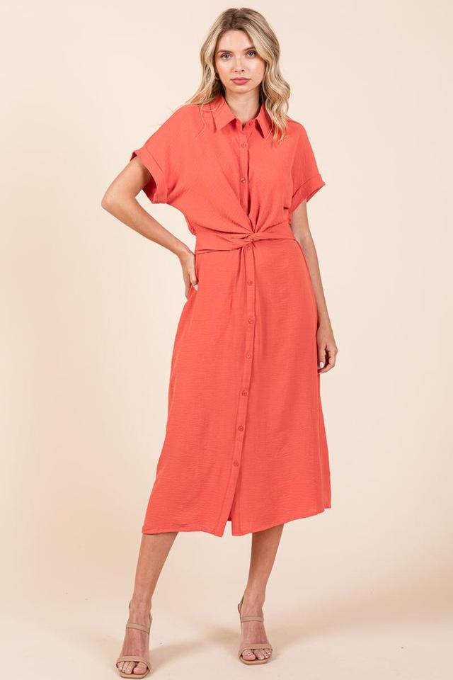 Twist Front Smocked Button Down Midi Shirt Dress Product Image