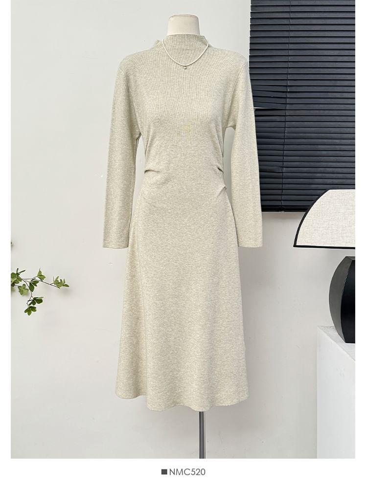 Mock-Neck Ruched Midi A-Line Dress Product Image