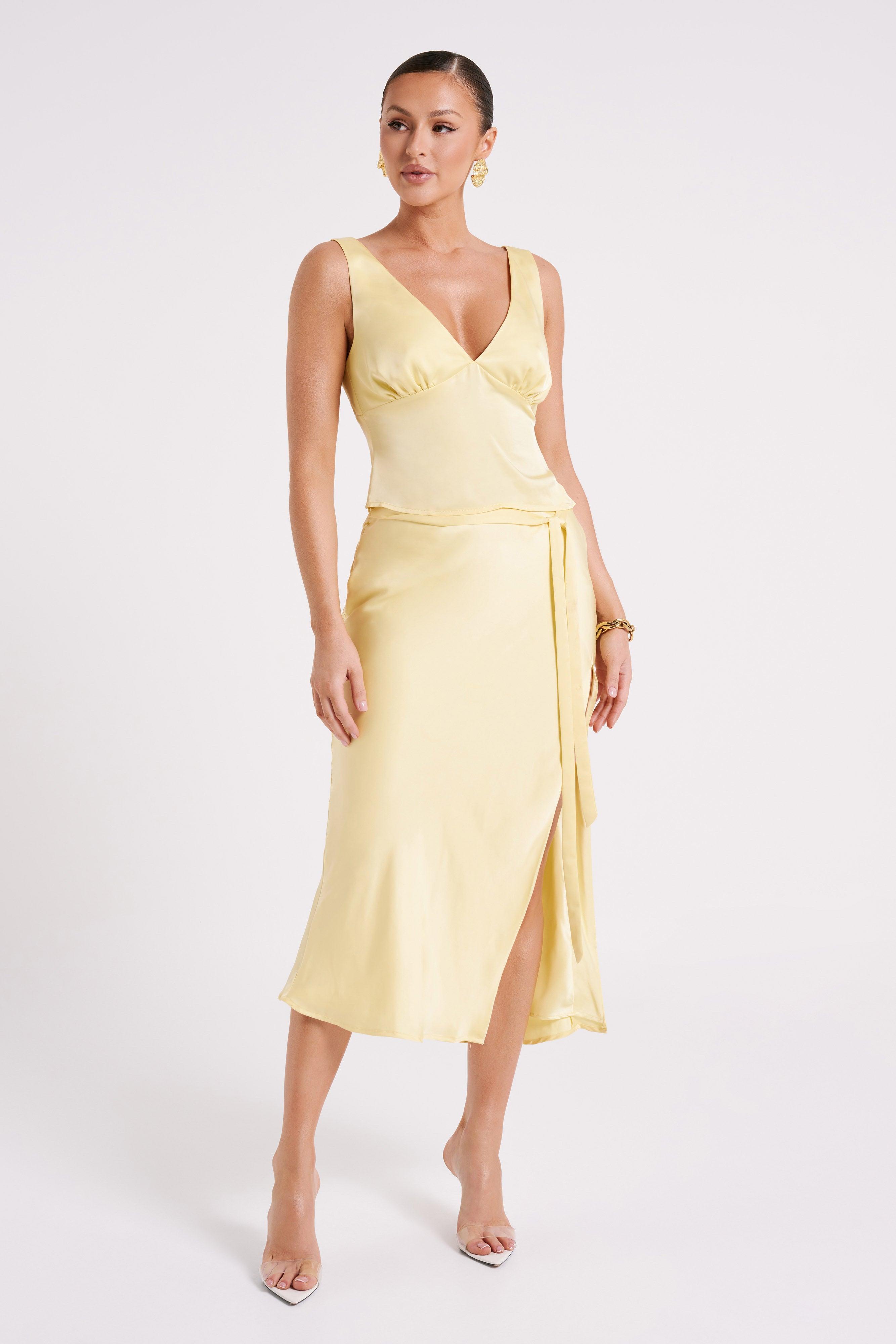 Edie Satin Midi Skirt With Tie - Yellow Product Image