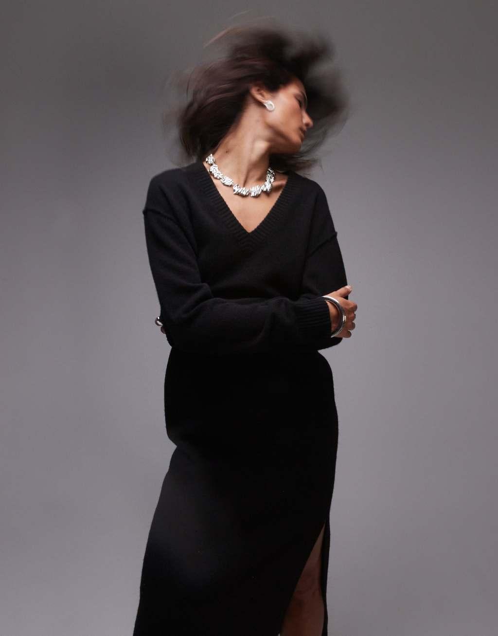 ARKET oversized knit midaxi dress with side splits in black Product Image