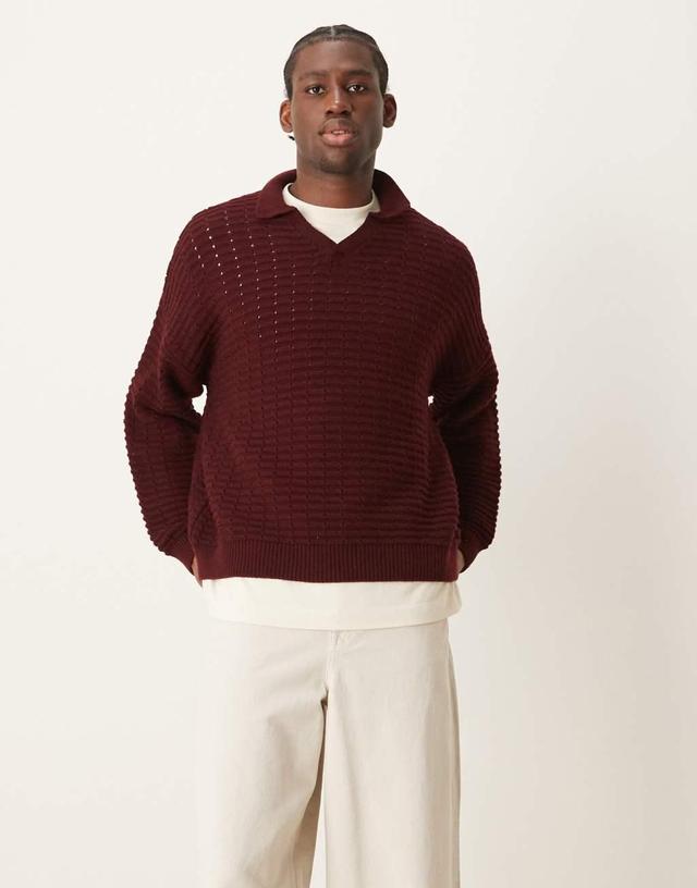 ASOS DESIGN oversized boxy fit textured knit notch neck sweater in burgundy Product Image