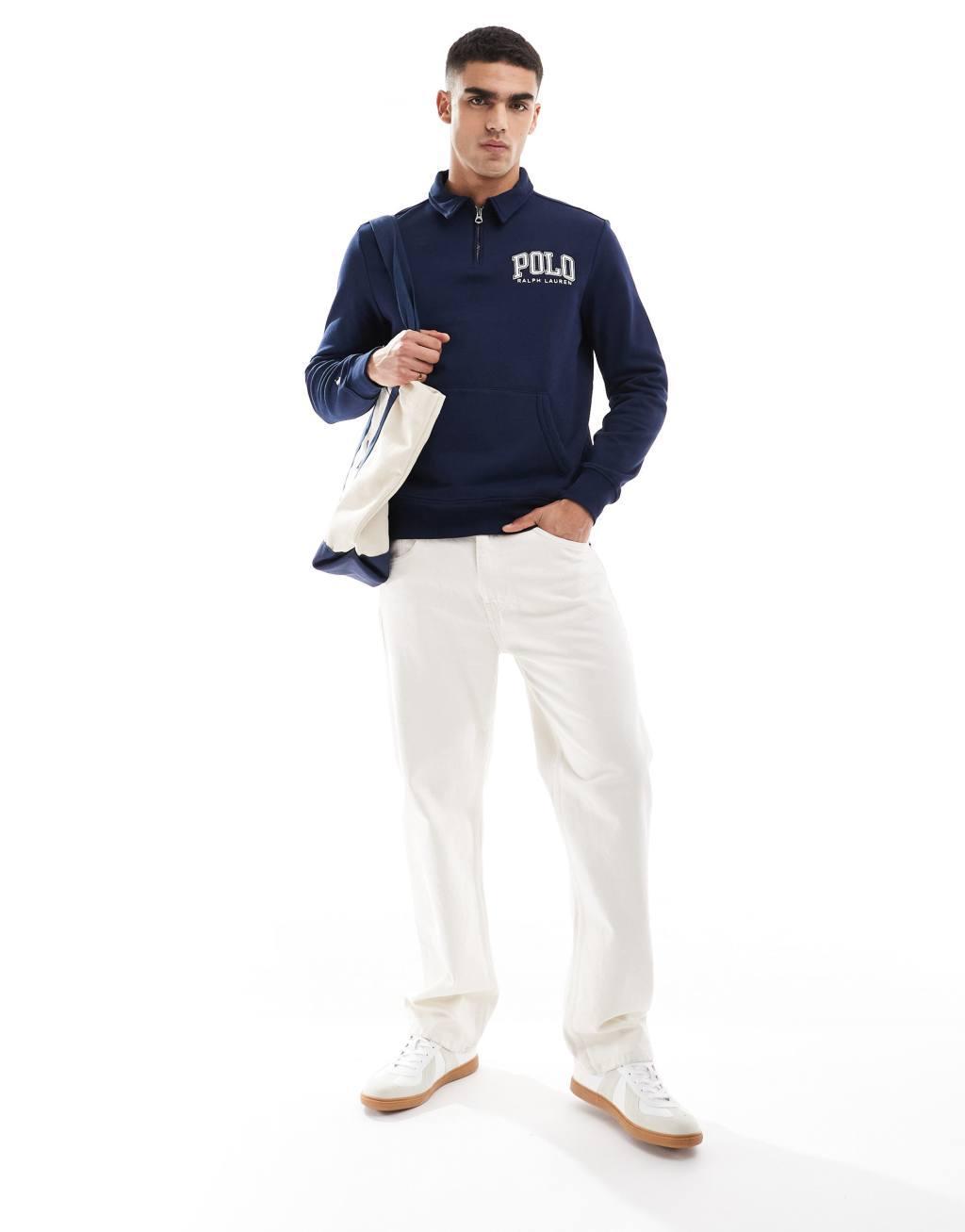 Polo Ralph Lauren collegiate logo half zip fleece sweatshirt classic oversized fit in navy Product Image