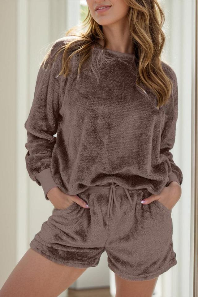 Round Neck Long Sleeve Top and Shorts Lounge Set Product Image