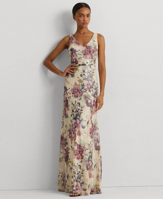 Lauren Ralph Lauren Womens Metallic Floral Chiffon Gown Product Image