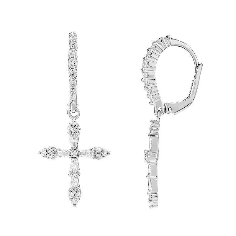 PRIMROSE Sterling Silver Cubic Zirconia Beaded Baguette Drop Cross Earrings, Womens, Grey Product Image