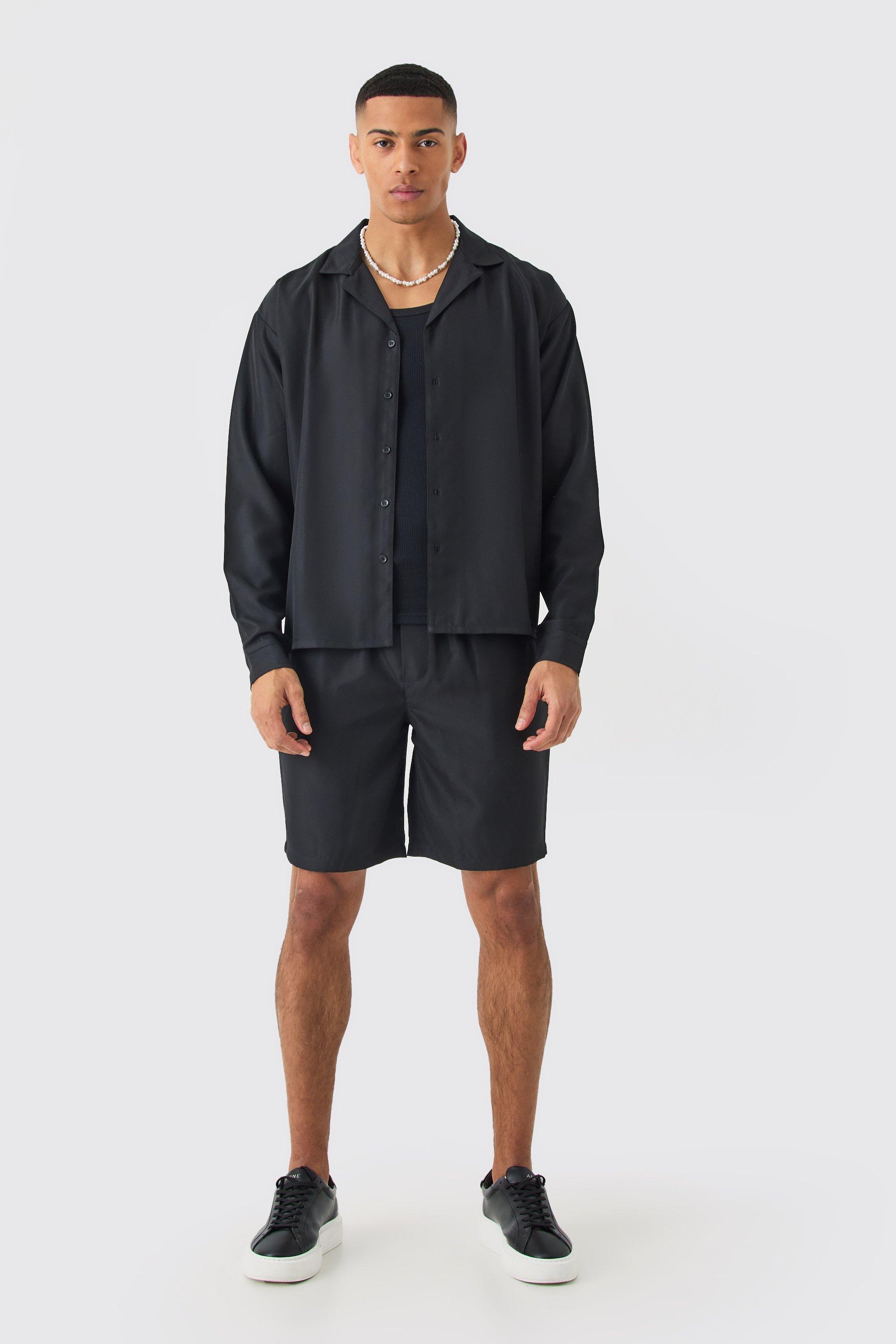 Mens Black Boxy Soft Twill Shirt And Short, Black Product Image