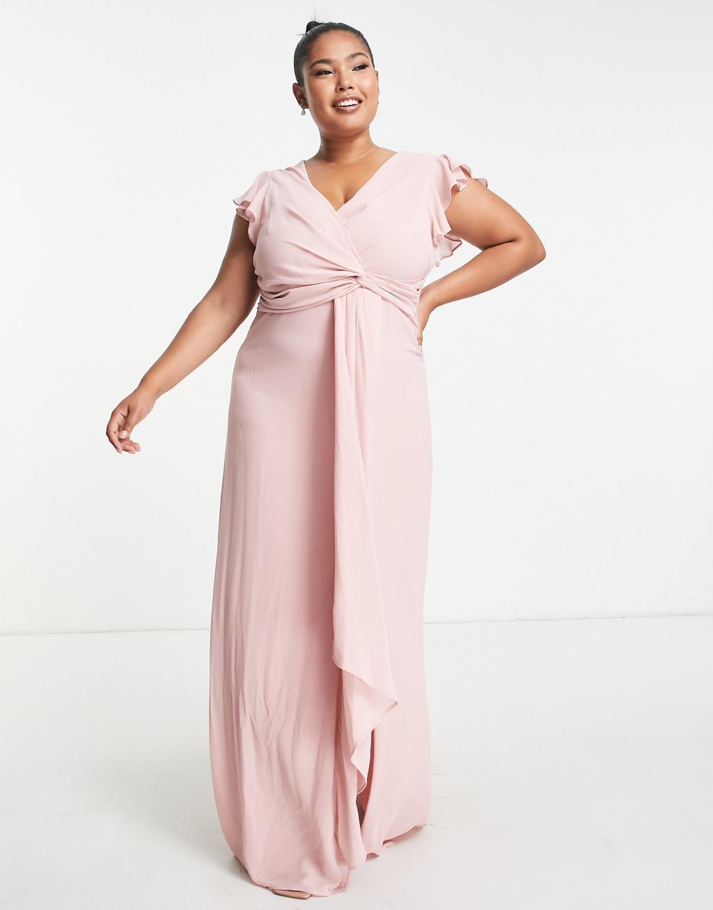 TFNC Plus Bridesmaid flutter sleeve ruffle detail maxi dress in blush Product Image