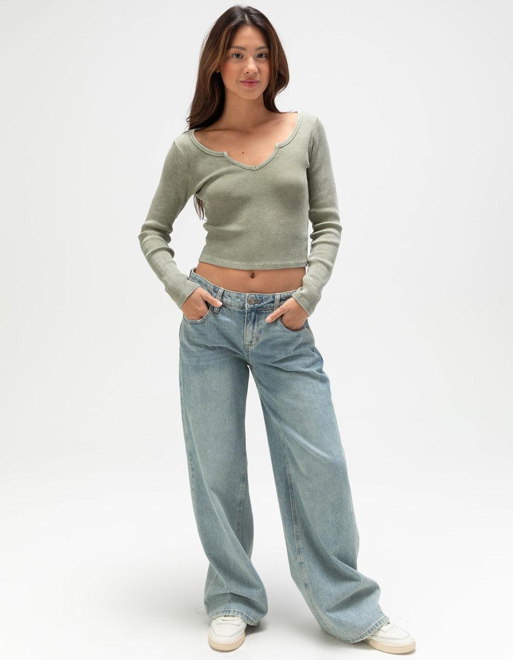 FULL TILT Notch Neck Womens Long Sleeve Rib Top Product Image