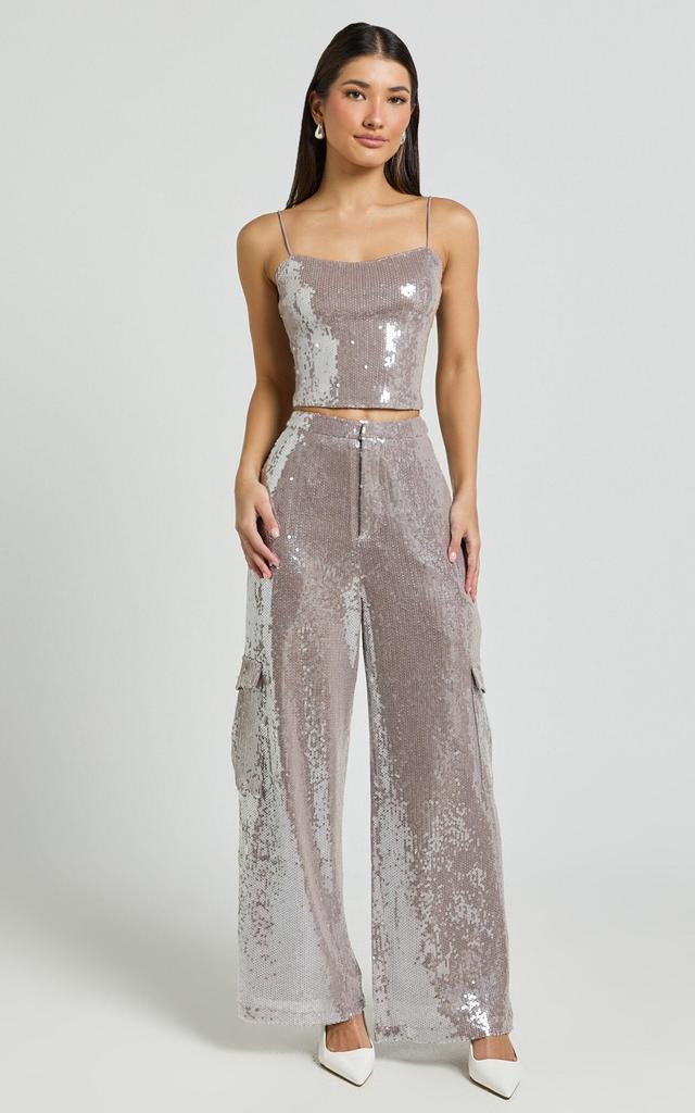 Tricia Pants - Mid Waist Cargo Pocket Sequin Pants in Grey Product Image