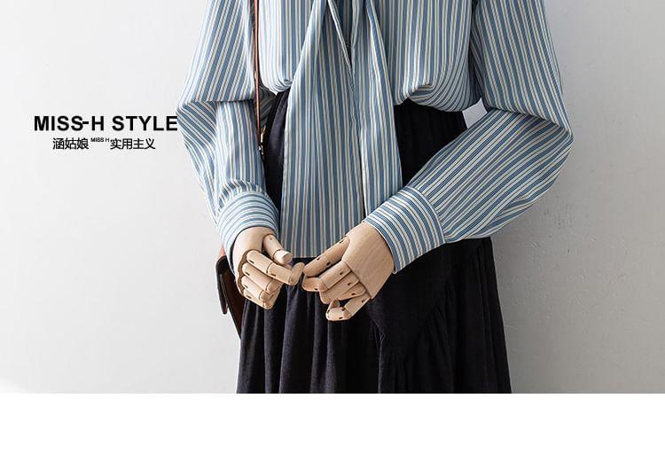 Long Sleeve Tie Neck Striped Blouse Product Image