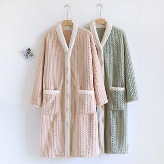 V-Neck Contrast Trim Flannel Button Robe Product Image