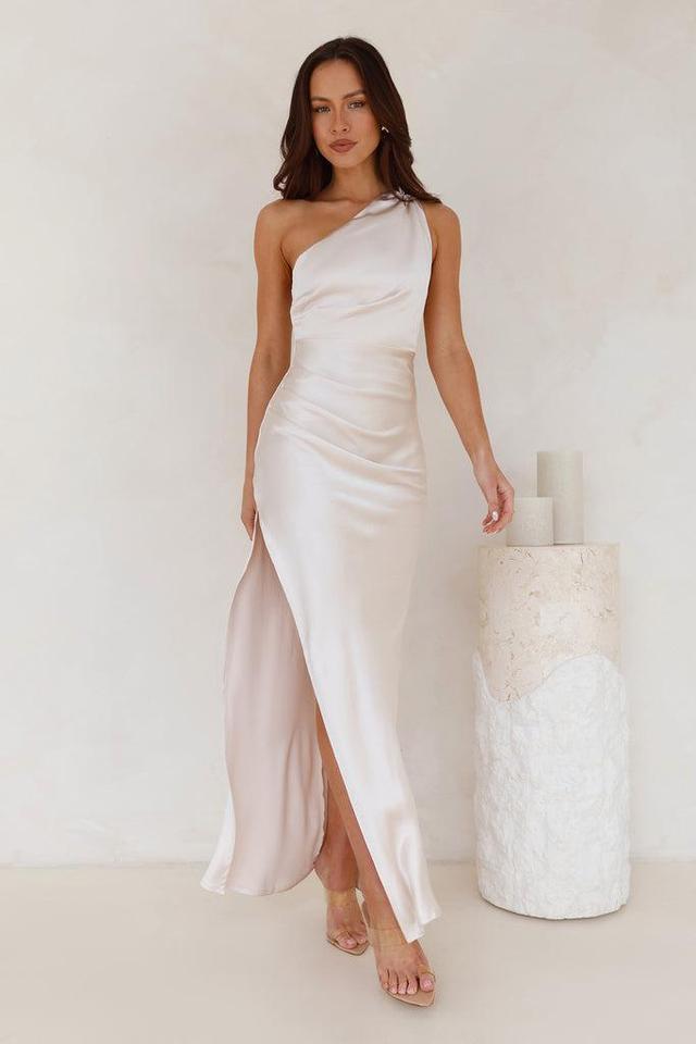 Luxe Charm One Shoulder Satin Maxi Dress Champagne Product Image