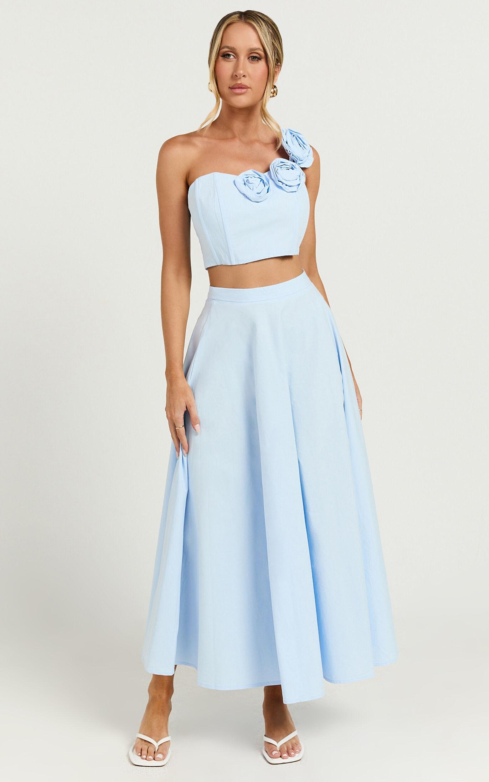 Claire Two Piece Set - One Shoulder Rosette Detail Crop Top And A Line Skirt Set in Powder Blue Product Image