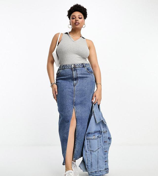 ASOS DESIGN Curve denim maxi skirt with split hem in midwash Product Image