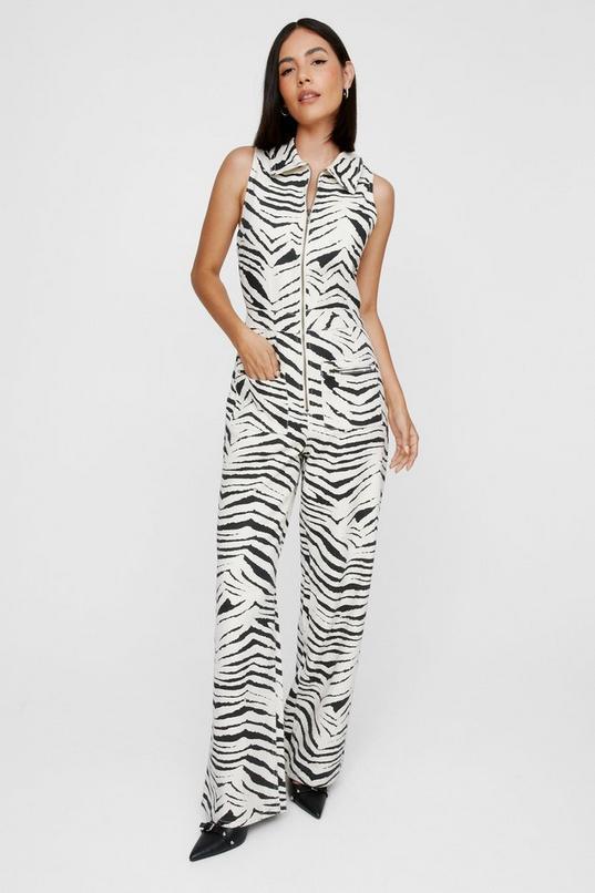 Denim Zebra Print Racer Neck Jumpsuit Product Image