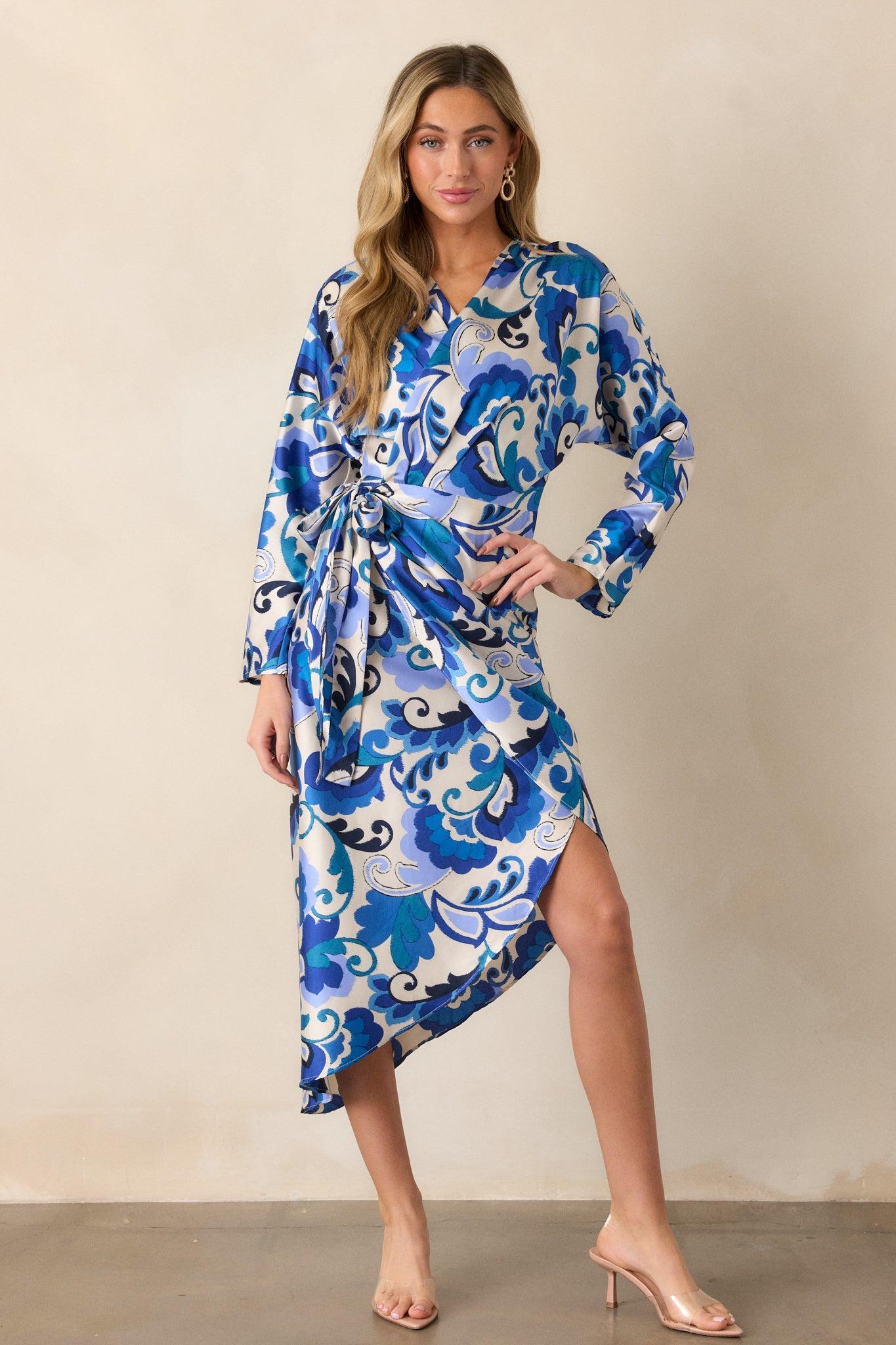 These Moments Blue Floral Wrap Midi Dress Product Image