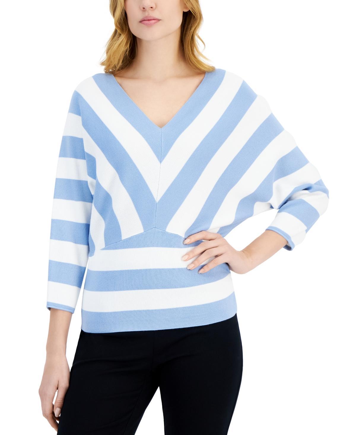 T Tahari Womens Striped 3/4-Sleeve V-Neck Sweater Product Image