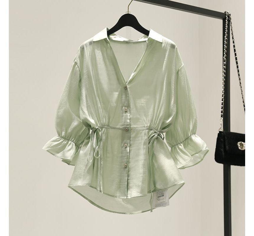 Puff-Sleeve Plain Peplum Shirt Product Image