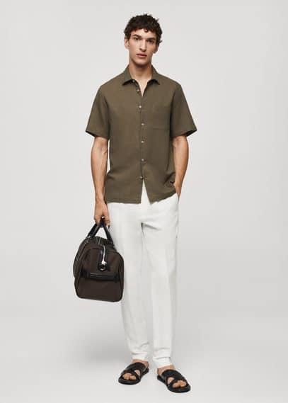 MANGO MAN - Regular-fit linen short-sleeved shirt khakiMen Product Image